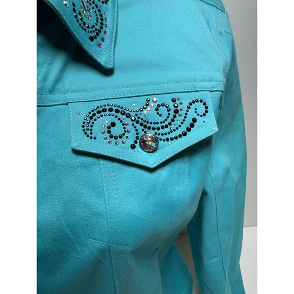 Christine Alexander Jacket Blazer Women’s M Teal Rhinestone Embellished Bling - Picture 2 of 12